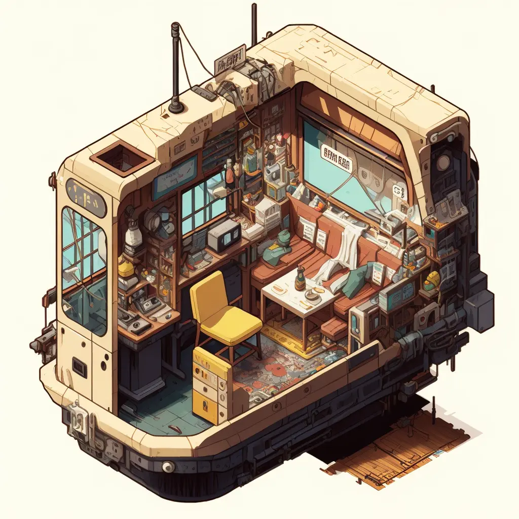 Isometric clean pixel art image cutaway of inside of cable car